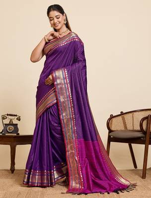 purple silk blend saree with zari stripes and contrast pallu 2
