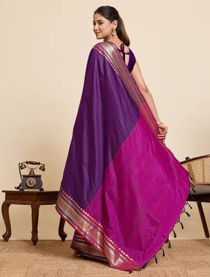 purple silk blend saree with zari stripes and contrast pallu 3