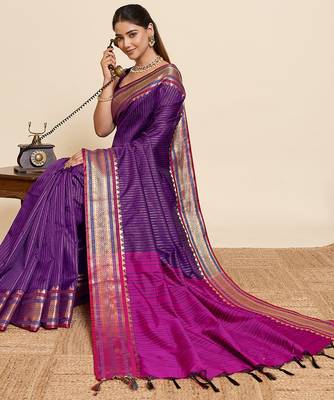 purple silk blend saree with zari stripes and contrast pallu 4