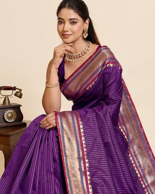 purple silk blend saree with zari stripes and contrast pallu 5