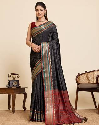 black silk blend saree with zari stripes and contrast pallu 1