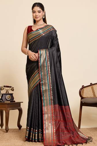 Women's black zari striped two tone pallu silk blend saree with rich border and unstiched blouse piece