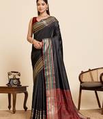 black silk blend saree with zari stripes and contrast pallu