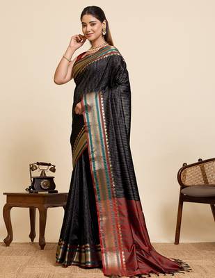 black silk blend saree with zari stripes and contrast pallu 2