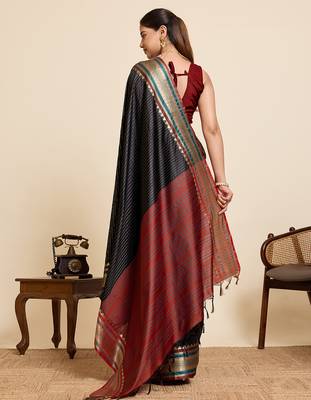 black silk blend saree with zari stripes and contrast pallu 3