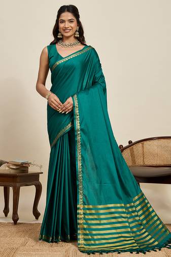 graceful green  silk blend saree with gold zari border and striped pallu with unstiched blouse piece