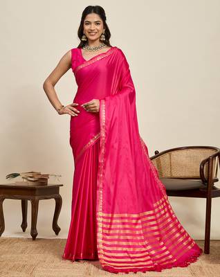 pink silk blend saree with gold zari border and striped pallu 1