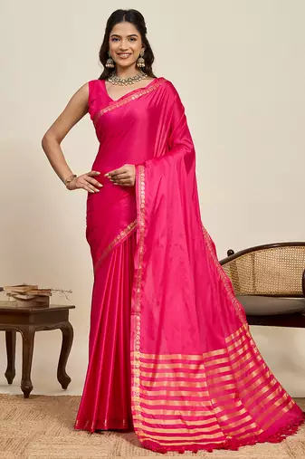 graceful pink silk blend saree with gold zari border and striped pallu with unstiched blouse piece