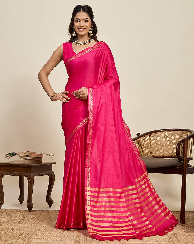 graceful pink silk blend saree with gold zari border and striped pallu with unstiched blouse piece