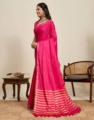 pink silk blend saree with gold zari border and striped pallu 2