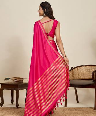 pink silk blend saree with gold zari border and striped pallu 3