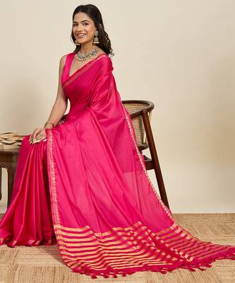 pink silk blend saree with gold zari border and striped pallu 4