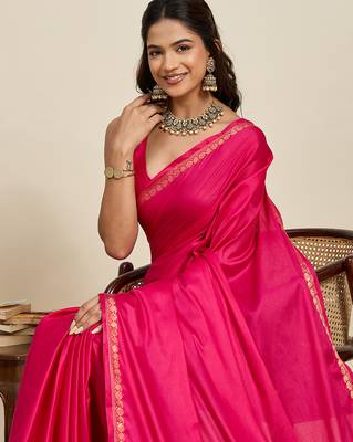 pink silk blend saree with gold zari border and striped pallu 5