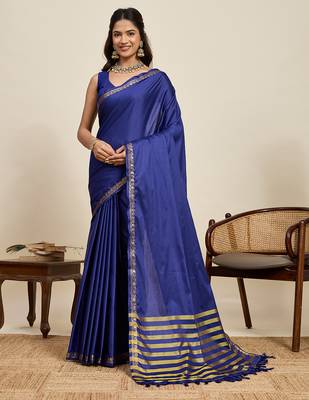 navy blue silk blend saree with gold zari border and striped pallu 1