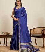 navy blue silk blend saree with gold zari border and striped pallu