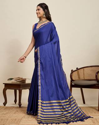 navy blue silk blend saree with gold zari border and striped pallu 2