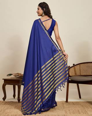 navy blue silk blend saree with gold zari border and striped pallu 3
