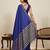 graceful navy blue silk blend saree with gold zari border and striped pallu with unstiched blouse piece