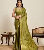 olive green silk blend saree with gold zari border and striped pallu