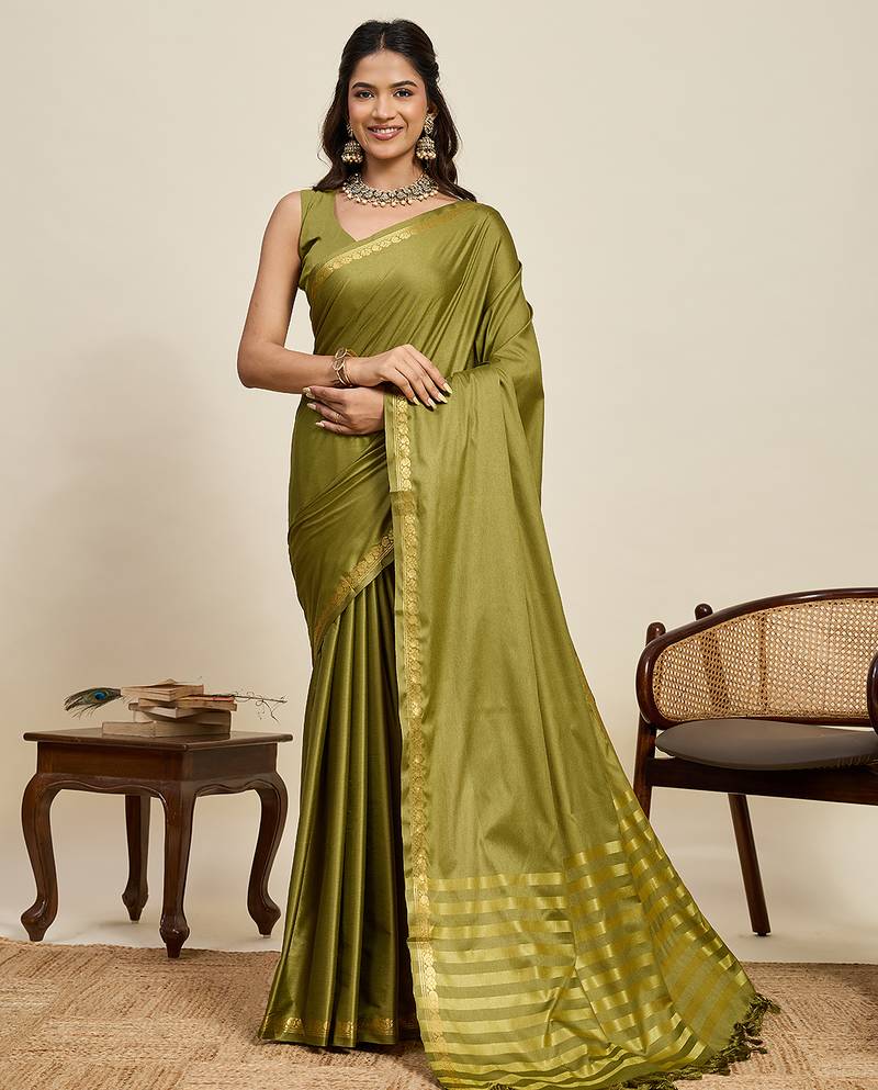 graceful olive green silk blend saree with gold zari border and striped pallu with unstiched blouse piece
