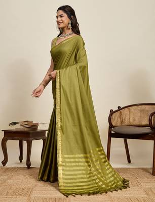 olive green silk blend saree with gold zari border and striped pallu 2