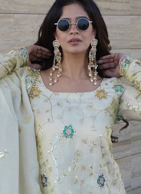 cream chinon sharara set with embroidered short kurti and dupatta 2