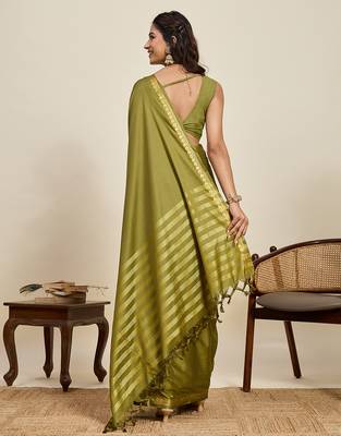 olive green silk blend saree with gold zari border and striped pallu 3