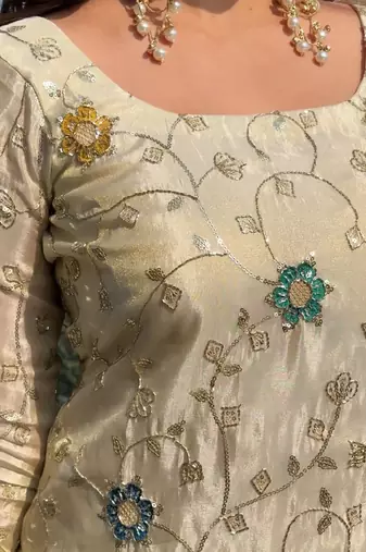cream chinon sharara set with embroidered short kurti and dupatta