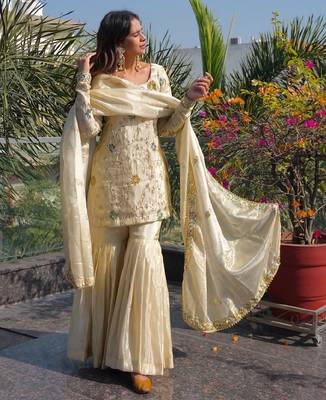 cream chinon sharara set with embroidered short kurti and dupatta 4
