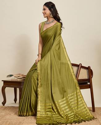 olive green silk blend saree with gold zari border and striped pallu 4