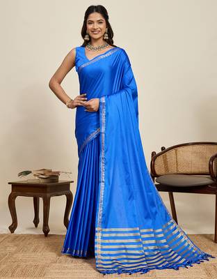 blue silk blend saree with gold zari border and striped pallu
 1