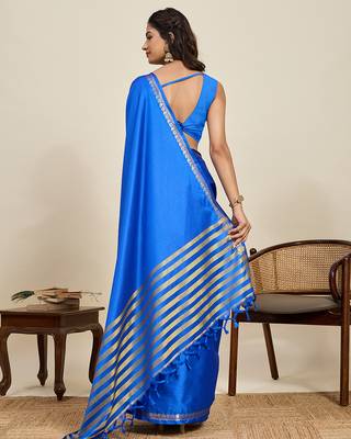 blue silk blend saree with gold zari border and striped pallu
 3