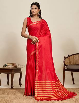 red silk blend saree with gold zari border and striped pallu 1