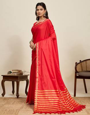 red silk blend saree with gold zari border and striped pallu 2