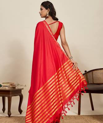 red silk blend saree with gold zari border and striped pallu 3
