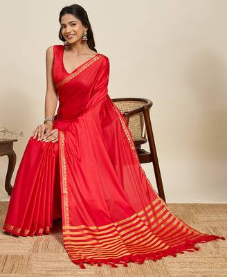 red silk blend saree with gold zari border and striped pallu 4