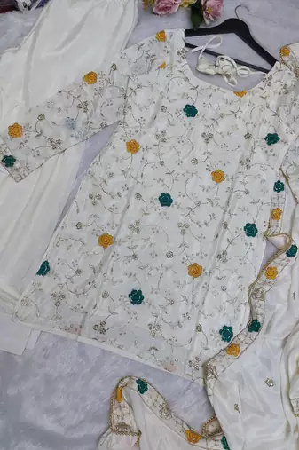 cream chinon sharara set with embroidered short kurti and dupatta