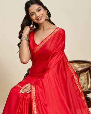 red silk blend saree with gold zari border and striped pallu 5