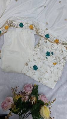 cream chinon sharara set with embroidered short kurti and dupatta 7