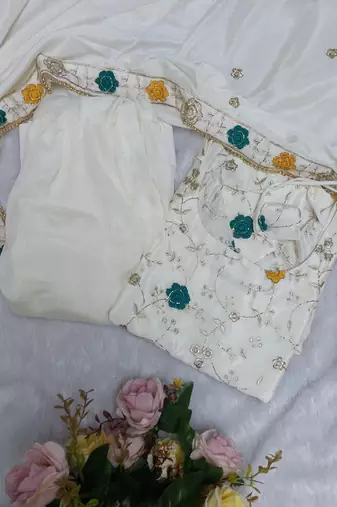 cream chinon sharara set with embroidered short kurti and dupatta