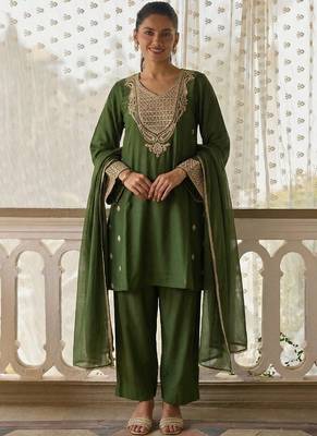 women's dark green embroidered cotton silk salwar suit set 1