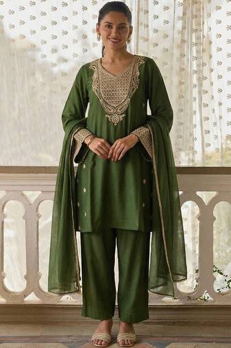 Dark-green embroidered cotton silk salwar suit