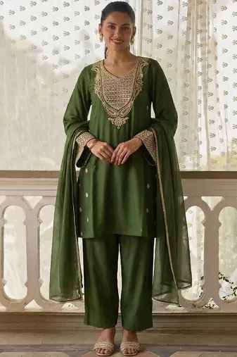 Dark-green embroidered cotton silk salwar suit