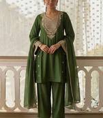 women's dark green embroidered cotton silk salwar suit set