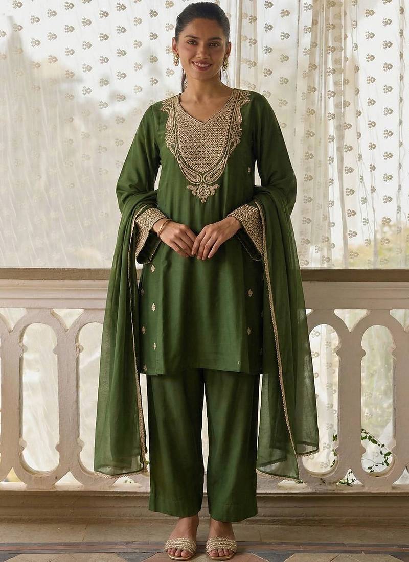 Dark-green embroidered cotton silk salwar suit