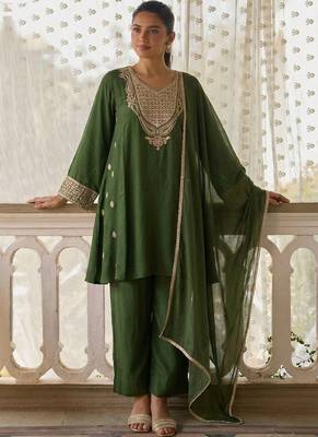 women's dark green embroidered cotton silk salwar suit set 2