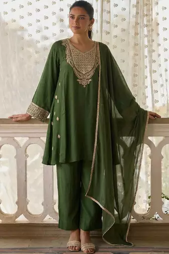 women's dark green embroidered cotton silk salwar suit set