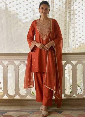 women's dark orange embroidered cotton silk salwar suit set 1