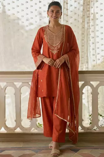 Dark-orange embroidered cotton silk salwar suit