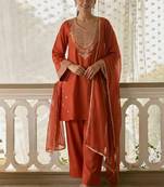 women's dark orange embroidered cotton silk salwar suit set